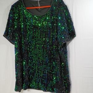 SHEIN,   Sparkling Black and Green Sequin Tee
